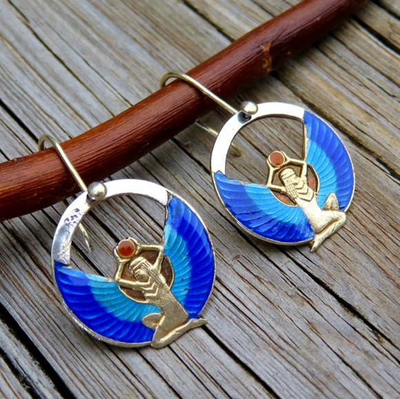 SOLD! Vintage 925 Egyptian Goddess Enamel Earrings - Picture 3 of 4